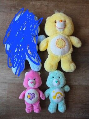 Lot of 3 Vintage Y2K Care bear Plush Stuffed Animals, Funshine, Wish, Take Care